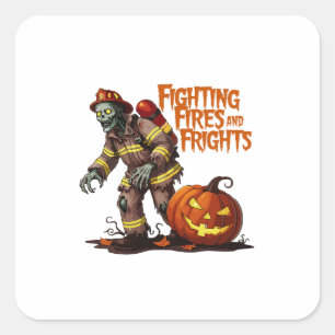 Sticker Carré Halloween pompier combattre les incendies et les p