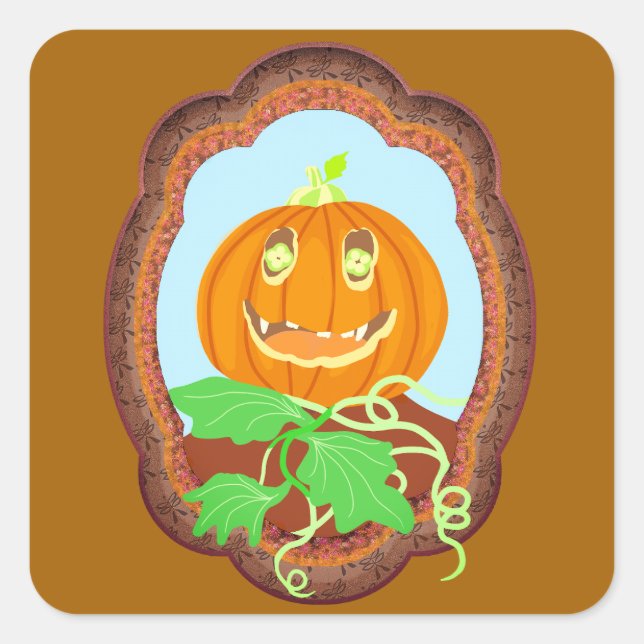 Sticker Carré Halloween pumpkin smiling whimsical and spooky (Devant)