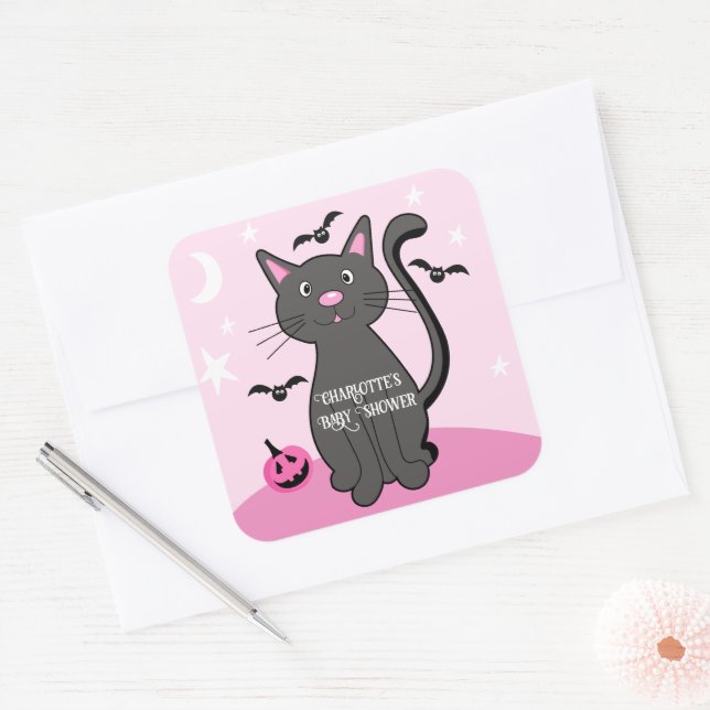 Sticker Carré Halloween rose Baby shower fille chatte noir (Enveloppe)