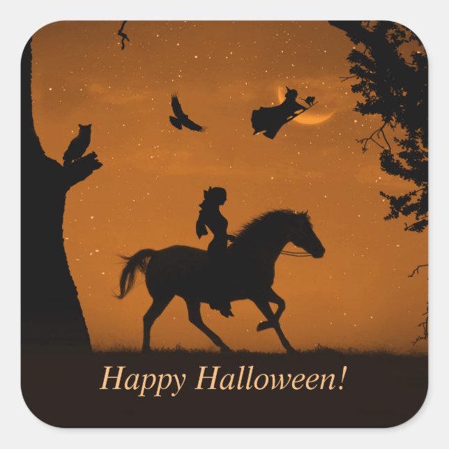 Sticker Carré Halloween Sorcière cheval et Rider mignonne Éffray (Devant)