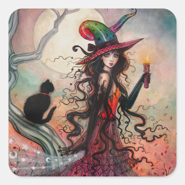 Sticker Carré Halloween sorcière et l'Imaginaire de chat noir (Devant)