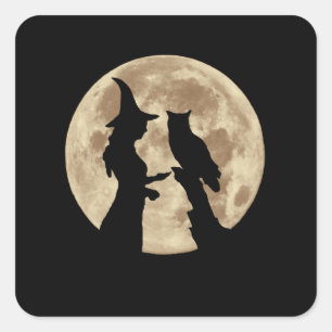 Sticker Carré Halloween sorcière, hibou et Pleine lune