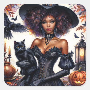 Sticker Carré Halloween Sorcière noire avec chat automne