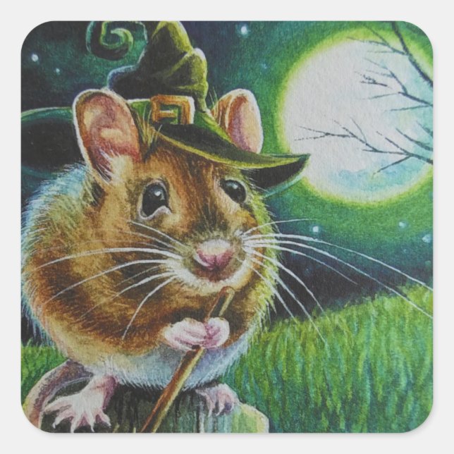 Sticker Carré Halloween Sorcière terrain souris de chambre aquar (Devant)