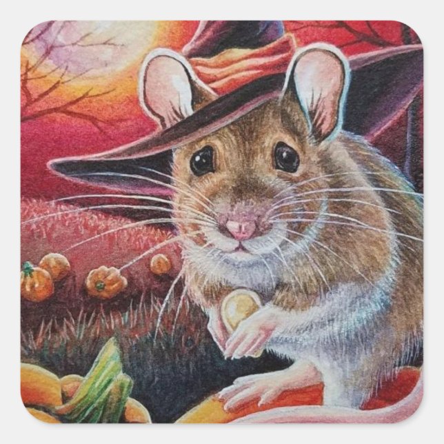 Sticker Carré Halloween Souris de sorcière Citrouille Aquarelle  (Devant)