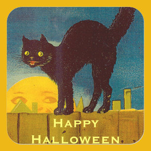 Sticker Carré Halloween vintage en chat noir