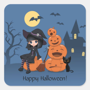 Sticker Carré Halloween Witch, Chat noir et Citrouille
