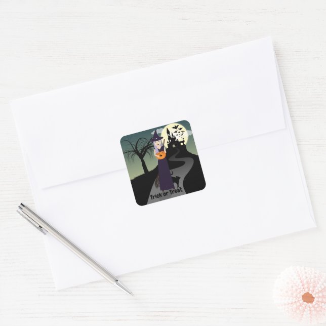 Sticker Carré Halloween Witch Citrouille Chat noir Votre texte (Enveloppe)