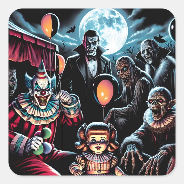 Sticker Carré Halloween Zombie, Clown, Vamp et poupée hantée (Devant)