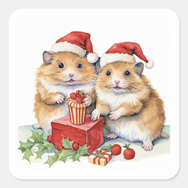 Sticker Carré Hampsters de Noël, oh si mignon, (Devant)