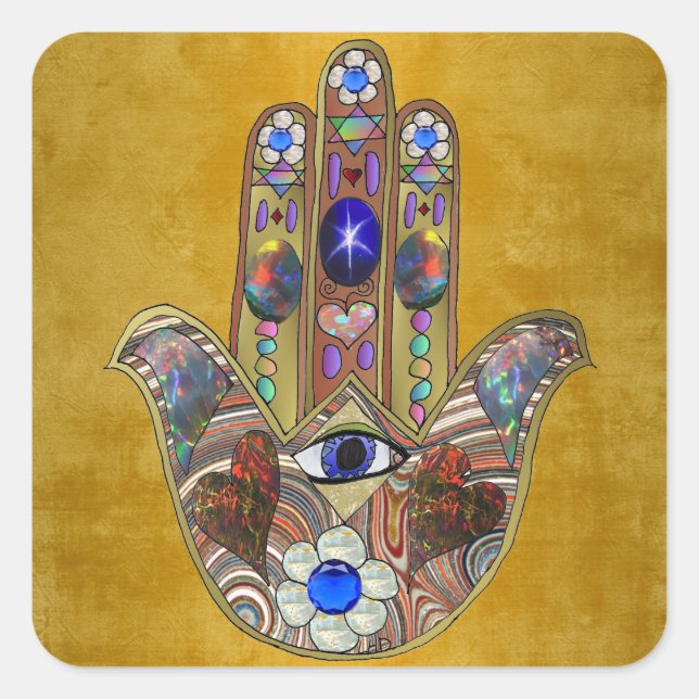 Sticker Carré Hamsa Coeurs Fleurs Opal Art sur Or (Devant)