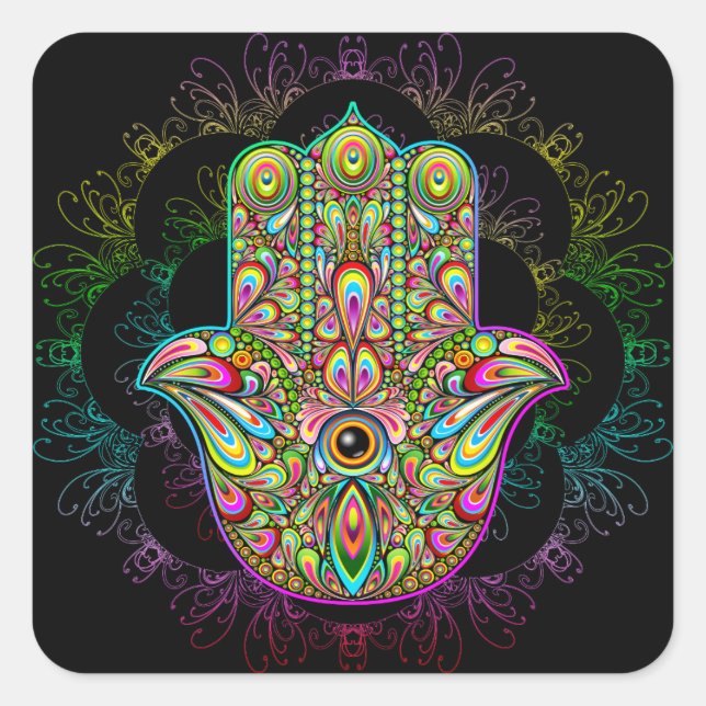 Sticker Carré Hamsa Fatma Main Psychedelic Art (Devant)