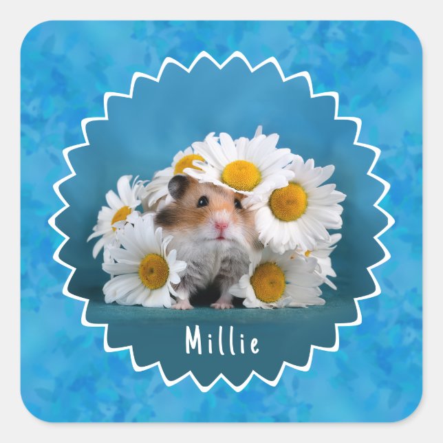 Sticker Carré Hamster adorable en Bouquet blanc de marguerite (Devant)