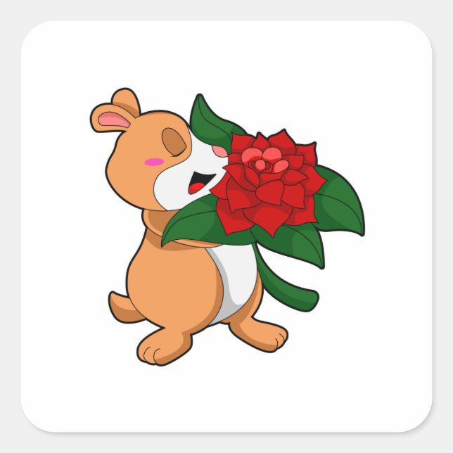 Sticker Carré Hamster avec Rose à fleurs (Devant)