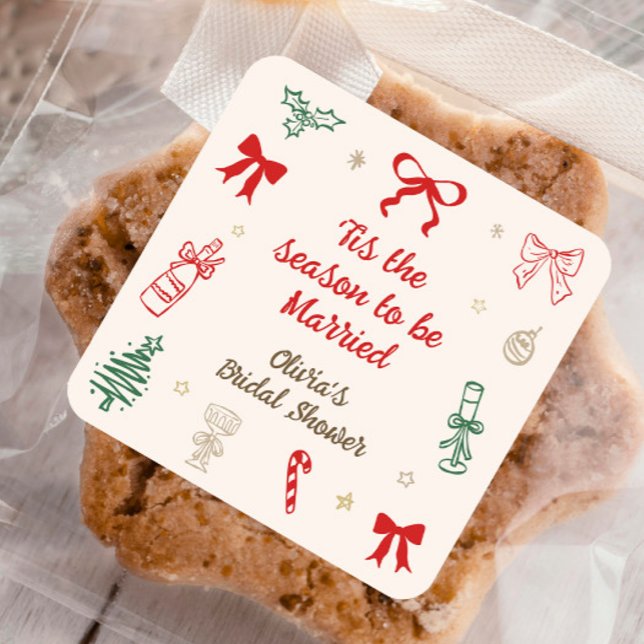 Sticker Carré Hand Drawn Tis the Season Christmas Bridal Shower  (Créateur téléchargé)