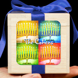 Sticker Carré Hanoukka 4 Menorah jaune bleu vert rouge gras Nom