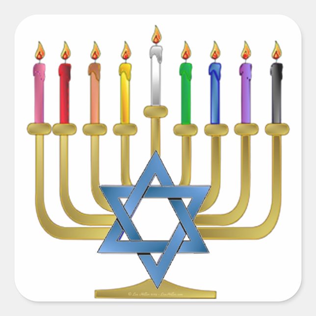 Sticker Carré Hanoukka Rainbow Candles Gold Menorah (Devant)