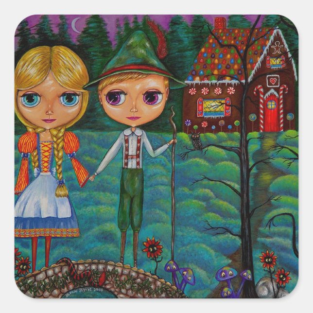 Sticker Carré Hansel et Gretel Dolls et Gingerbread House (Devant)