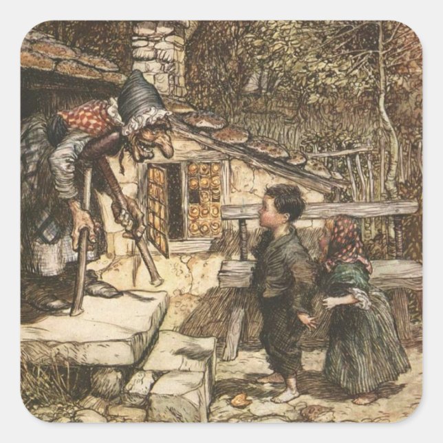 Sticker Carré Hansel et Gretel rencontrent la sorcière (Devant)
