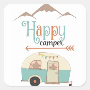 Sticker Carré HAPPER CAMPER mignon Retro RV