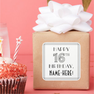 Sticker Carré HAPPY 16E ANNIVERSAIRE, Style Art Déco, Nom person