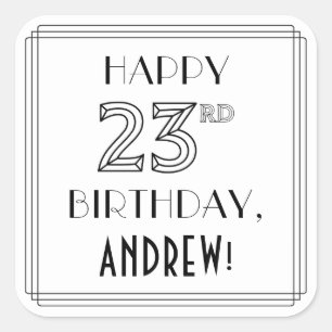 Sticker Carré HAPPY 23E ANNIVERSAIRE, Style Art Déco, Nom person
