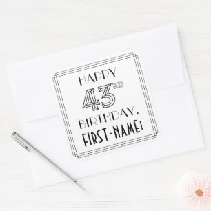 Sticker Carré HAPPY 43E ANNIVERSAIRE, Style Art Déco, Nom person