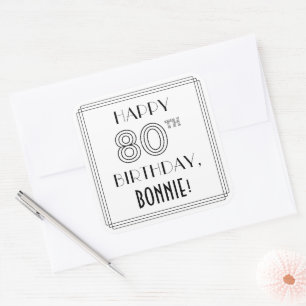 Sticker Carré HAPPY 80E ANNIVERSAIRE, Style Art Déco, Nom person