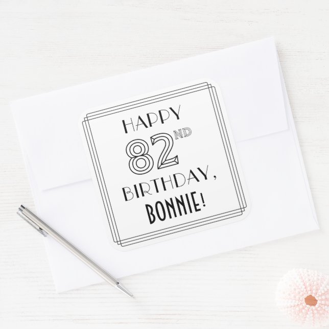 Sticker Carré HAPPY 82E ANNIVERSAIRE, Style Art Déco, Nom person (Enveloppe)