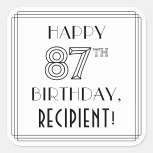 Sticker Carré HAPPY 87E ANNIVERSAIRE, Style Art Déco, Nom person
