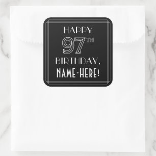 Sticker Carré HAPPY 97E ANNIVERSAIRE ; Style Art Déco ; Nom pers