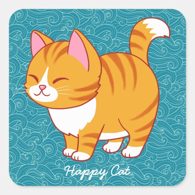 Sticker Carré Happy Cat Personnalisé (Devant)