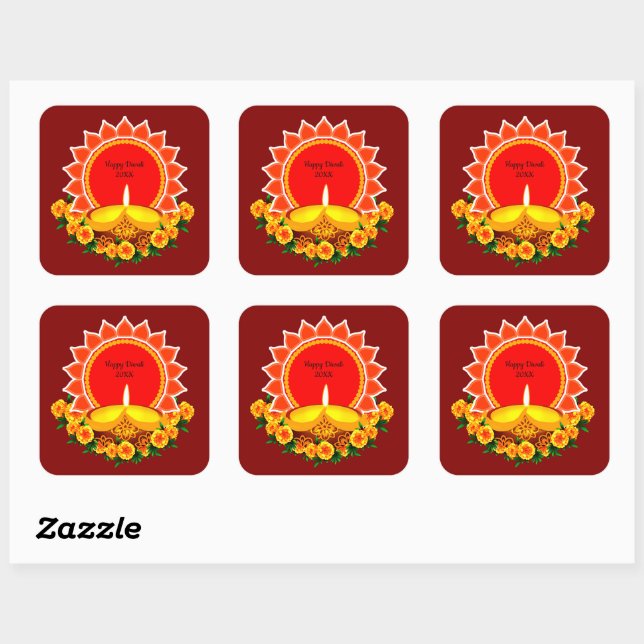 Sticker Carré Happy Diwali 20xx Ajouter année ou texte Marigolds (Feuille)