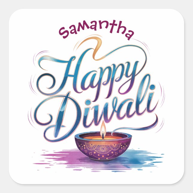 Sticker Carré Happy Diwali customisable white  (Devant)
