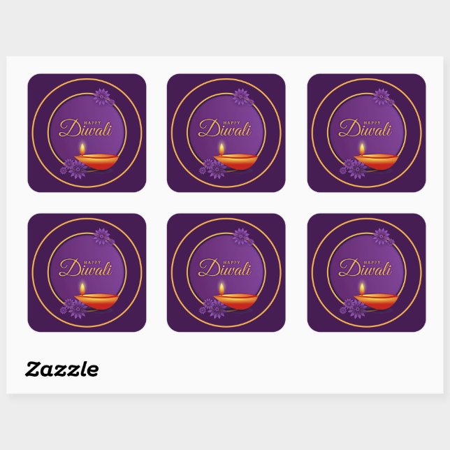 Sticker Carré Happy Diwali Diya bougie Purple Gold Papier (Feuille)