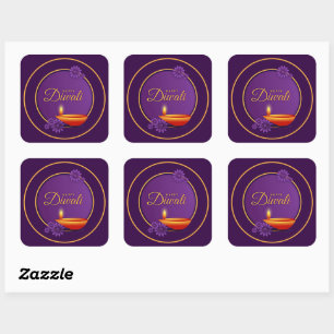 Sticker Carré Happy Diwali Diya bougie Purple Gold Papier