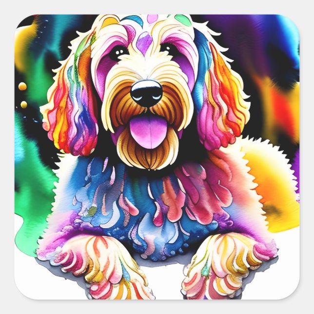 Sticker Carré Happy Dog Goldendoodle Design d'aquarelle (Devant)