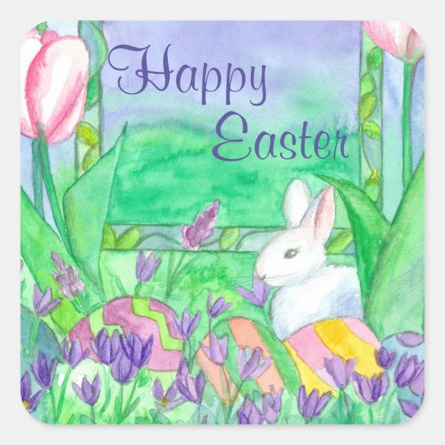 Sticker Carré Happy Easter Eggs White Rabbit (Devant)