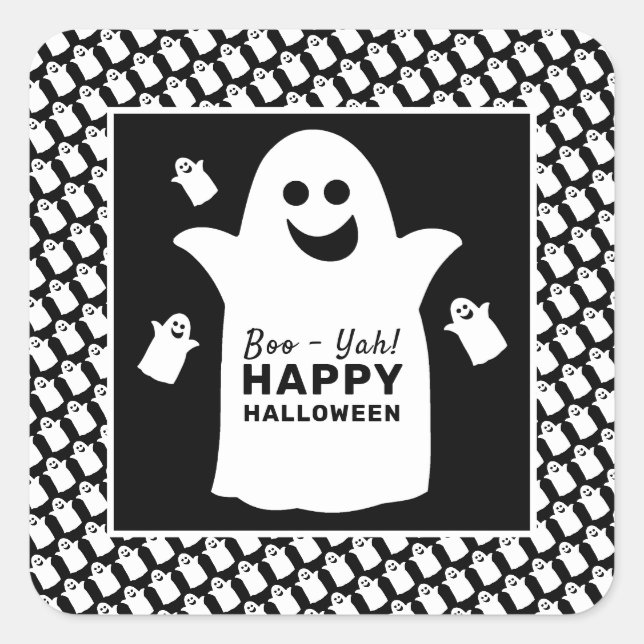 Sticker Carré Happy Ghost, Black Halloween Party (Devant)