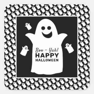 Sticker Carré Happy Ghost, Black Halloween Party