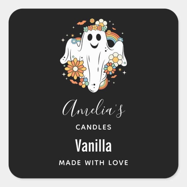 Sticker Carré Happy Ghost Retro Hippie Vibe - Bougie Business (Devant)