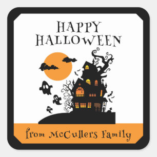 Sticker Carré Happy Halloween Chassé Maison personnalisée Nom de