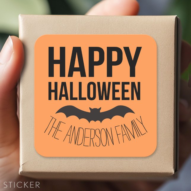 Sticker Carré Happy Halloween chauve avec nom noir (Custom Sticker - Personalize with your info for a party favor or gift)
