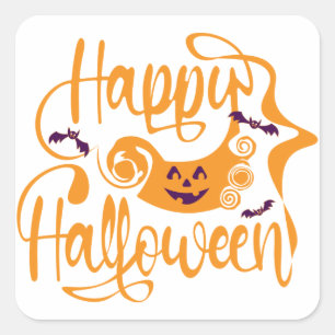 Sticker Carré Happy Halloween chauves-souris Jack-o'-lantern