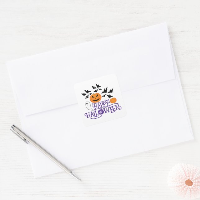 Sticker Carré Happy Halloween fantôme citrouille chauve-souris t (Enveloppe)