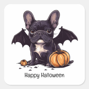 Sticker Carré Happy Halloween Français Bulldog Bat Wings Citroui
