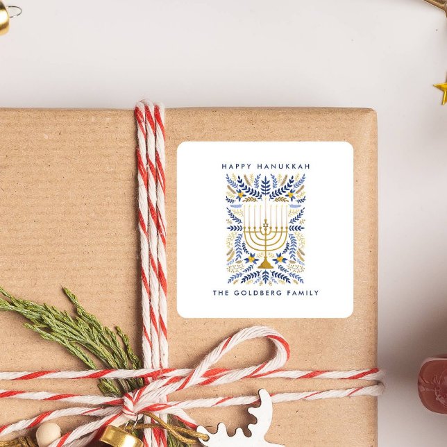 Sticker Carré Happy Hanoukka Festive Aquarelle Menorah FOLIAGE (HANUKKAH CANDLES MENORAH FAMILY NAME STICKER FOR GIFT)