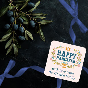 Sticker Carré HAPPY HANOUKKA fleurie couronne juive FÊTE PERSONN