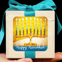 Sticker Carré Happy Hanoukka tendance Artsy Yellow Gold Menorah