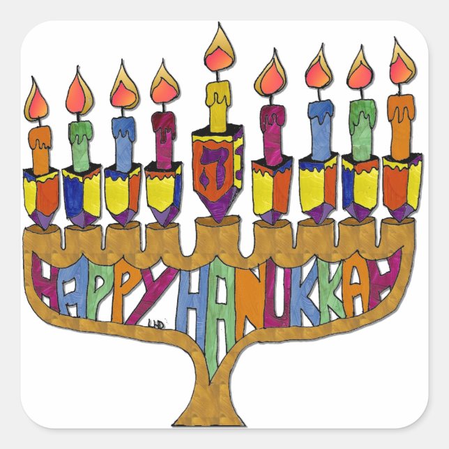 Sticker Carré Happy Hanukkah Dreidels Menorah (Devant)